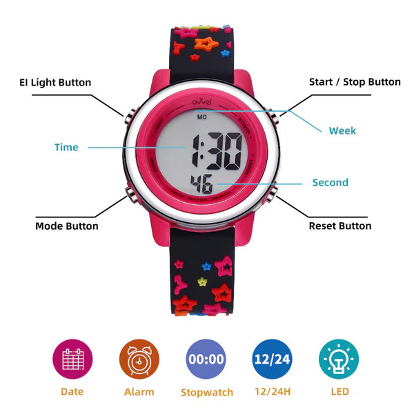 Ovvel Girls Digital Wristwatch with Many Features - Colorful Stars