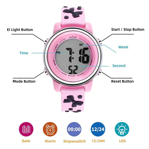 Ovvel Girls Digital Wristwatch with Many Features - Pink with Black Bows