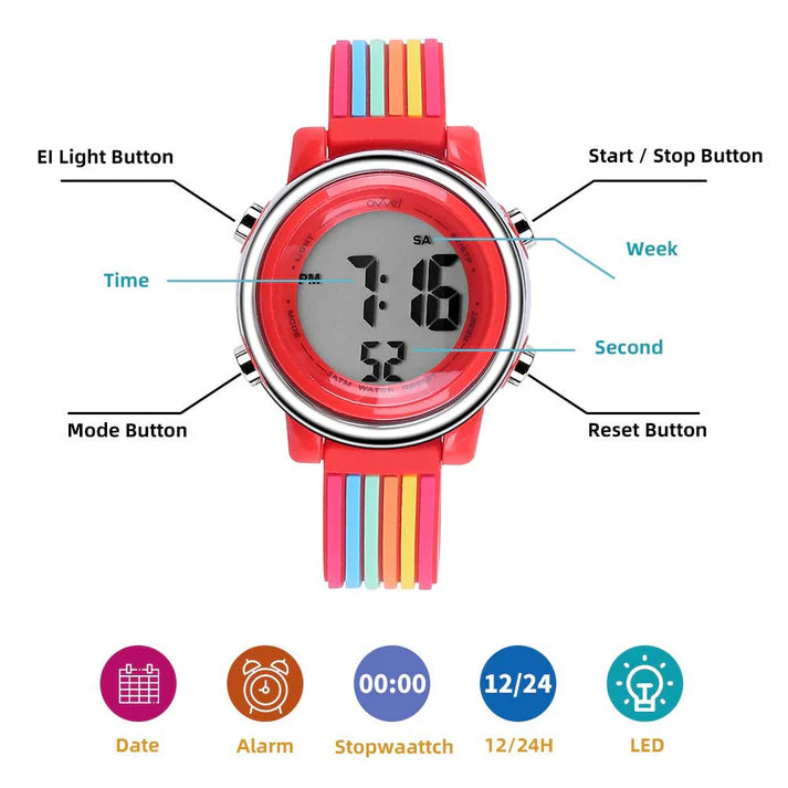 Ovvel Girls Digital Wristwatch with Many Features - Colorful Stripes