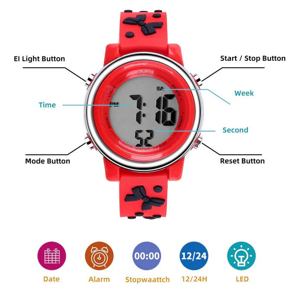 Ovvel Girls Digital Wristwatch with Many Features -Red with Black Bows