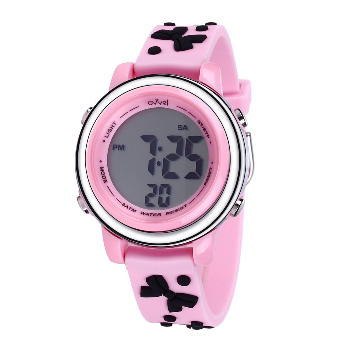 Ovvel Girls Digital Wristwatch with Many Features - Pink with Black Bows
