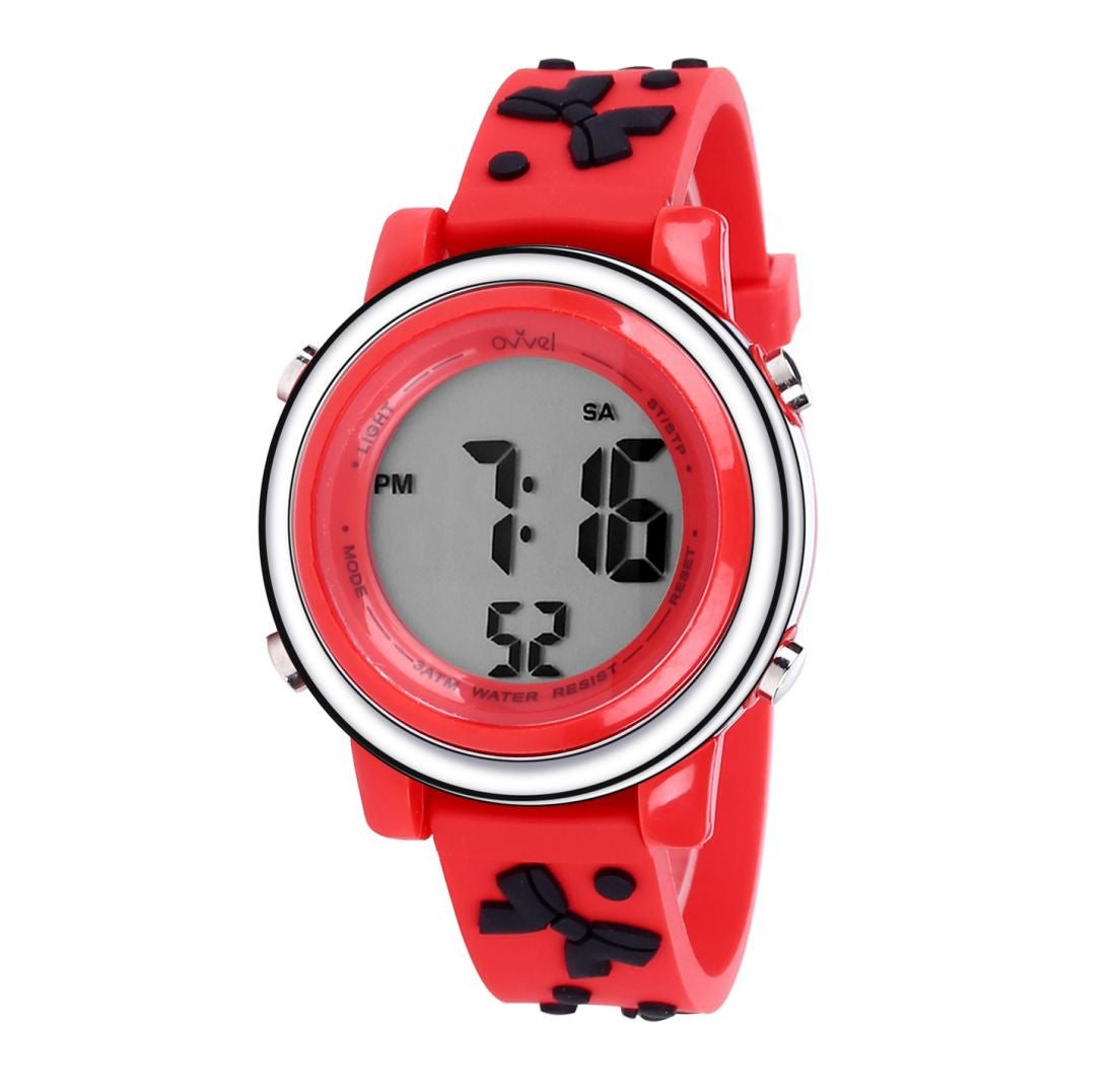 Ovvel Girls Digital Wristwatch with Many Features -Red with Black Bows