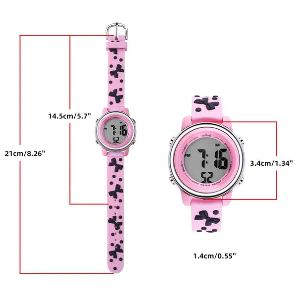 Ovvel Girls Digital Wristwatch with Many Features - Pink with Black Bows