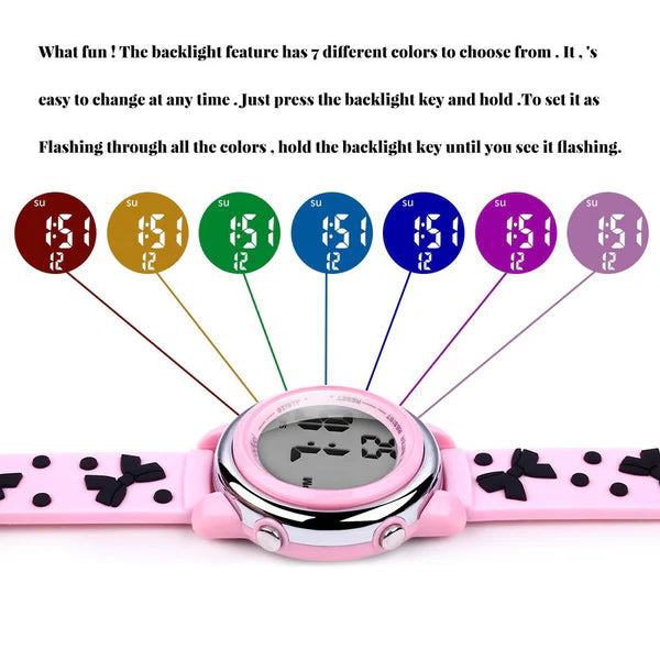 Ovvel Girls Digital Wristwatch with Many Features - Pink with Black Bows