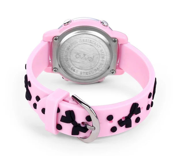 Ovvel Girls Digital Wristwatch with Many Features - Pink with Black Bows