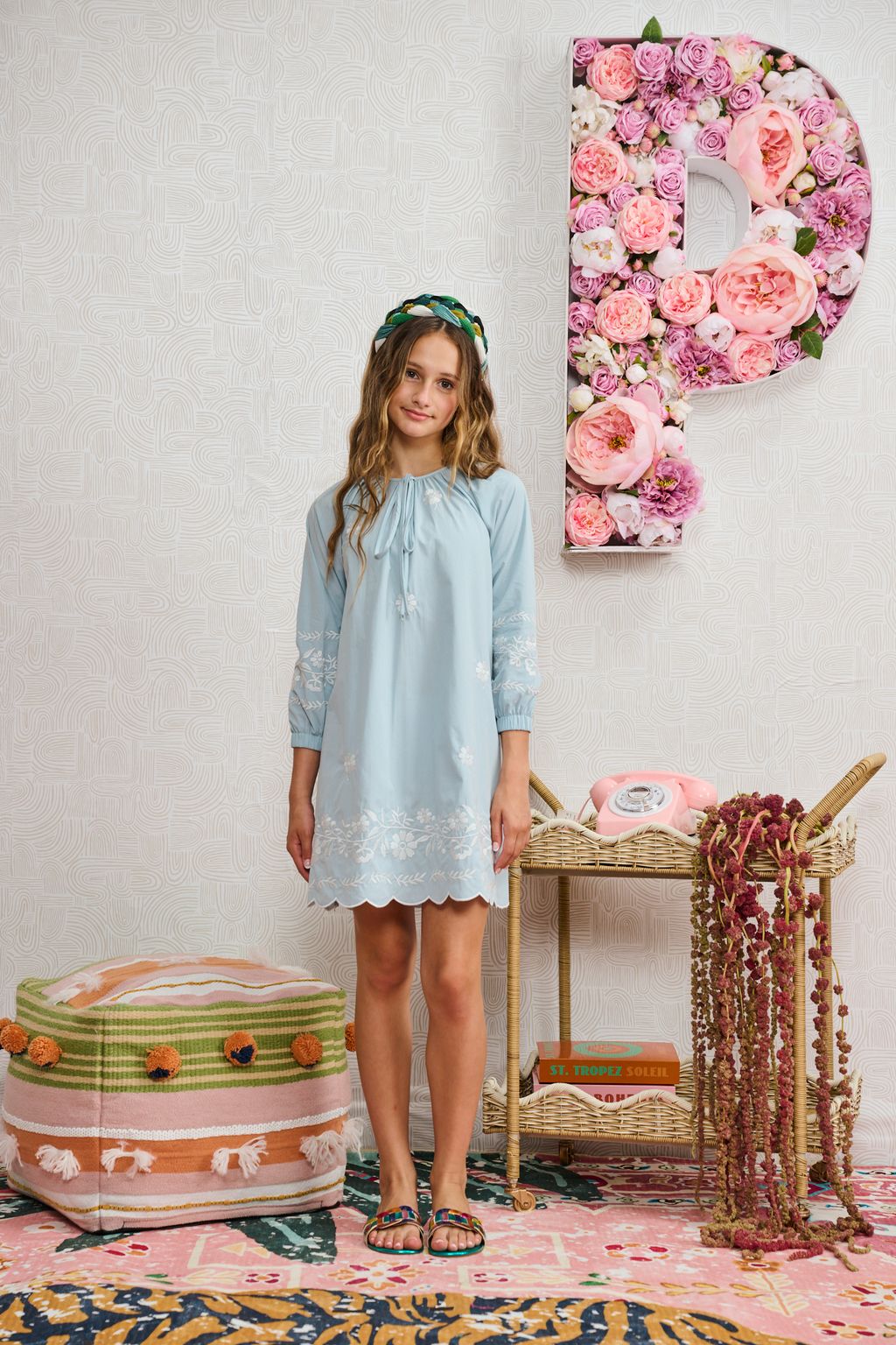 LIGHT BLUE W/ WHITE FLORAL EMBROIDERY DRESS 2396-A THE ADDRESS LIGHT BLUE W/ WHITE FLORAL EMBROIDERY DRESS 2396-A THE ADDRESS