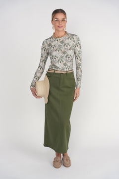 Straight Denim Skirt- Olive