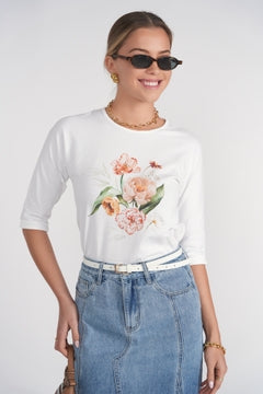 3-4 Sleeve Cotton Tee- Flowers on White