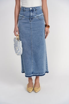 Fray Detail Denim Skirt- Light Wash Blue Denim