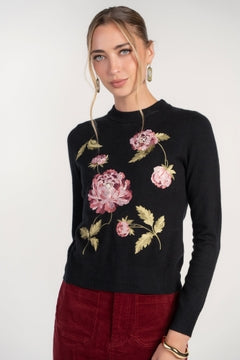Floral Embroidered Crew Neck Sweater- Floral Artwork on Black