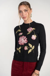 Floral Embroidered Crew Neck Sweater- Floral Artwork on Black