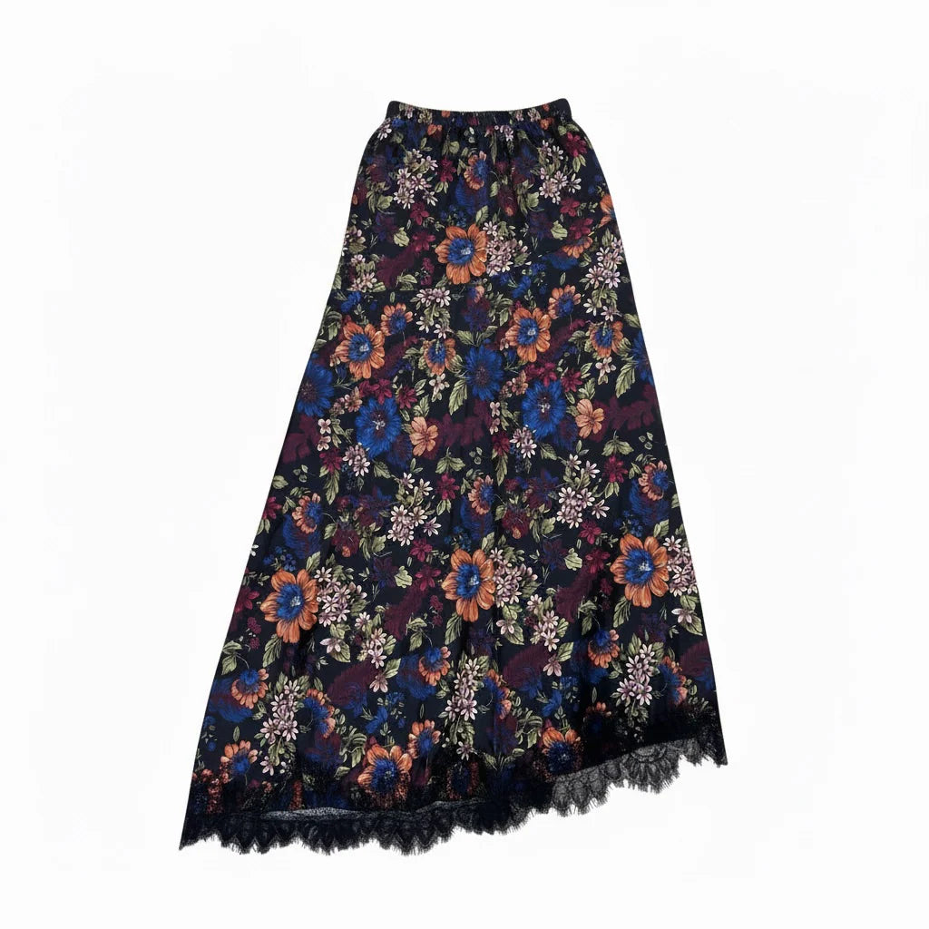 Bliss Lace Hem Skirt Black Floral