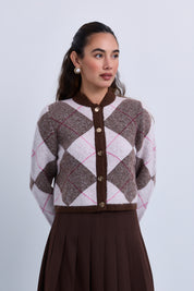 Mohair Knit Argle Pattern Cropped Soft Knit Cardigan