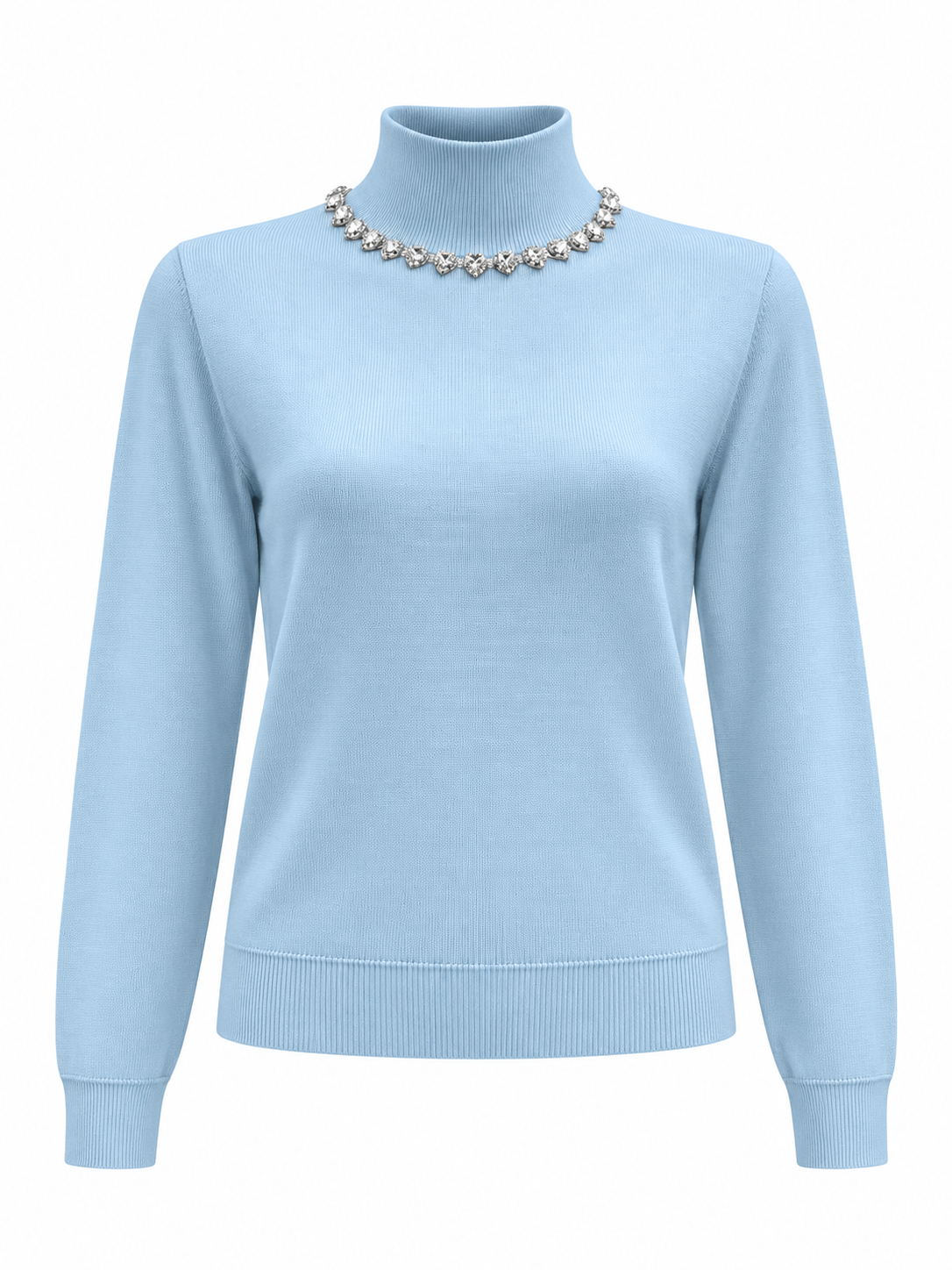 Fine Knit Hi Neck Top with Embellished Neckline