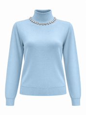 Fine Knit Hi Neck Top with Embellished Neckline