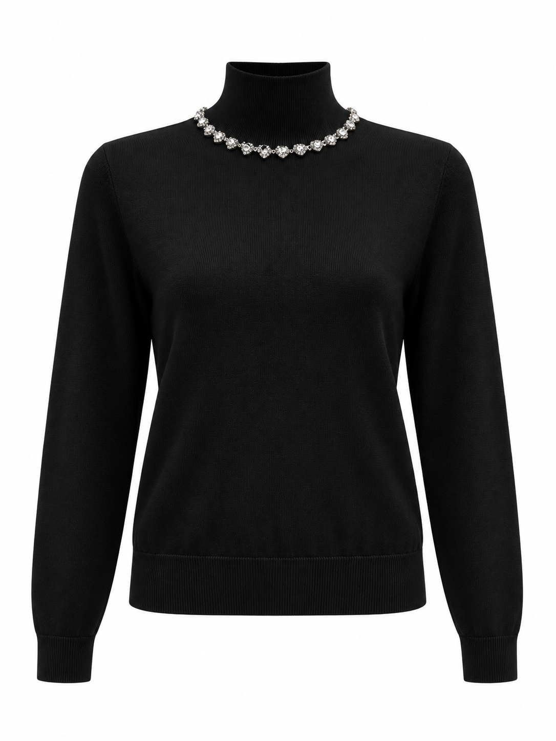 Fine Knit Hi Neck Top with Embellished Neckline