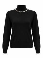 Fine Knit Hi Neck Top with Embellished Neckline