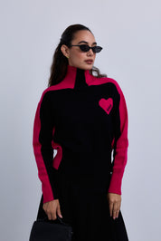 Two Tone High Neck Jumper with Side Chest Heart Design