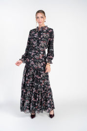 Zoe Maxi- Pink and Green Roses on Black