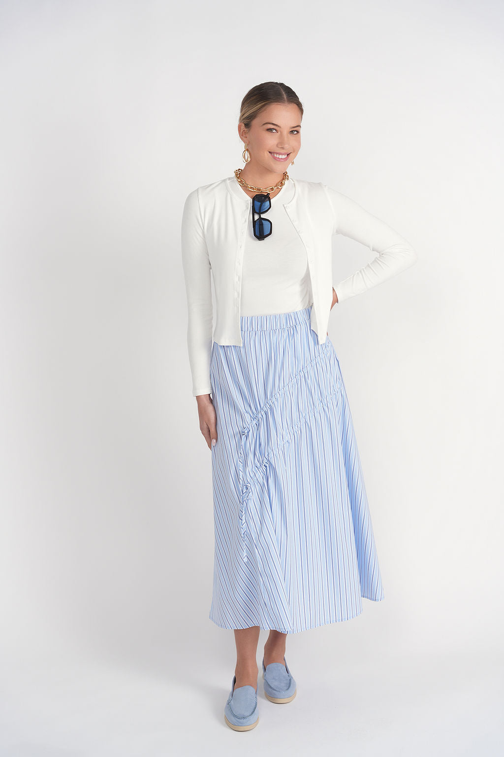 Double Drawstring Maxi Skirt- Blue Pinstripes