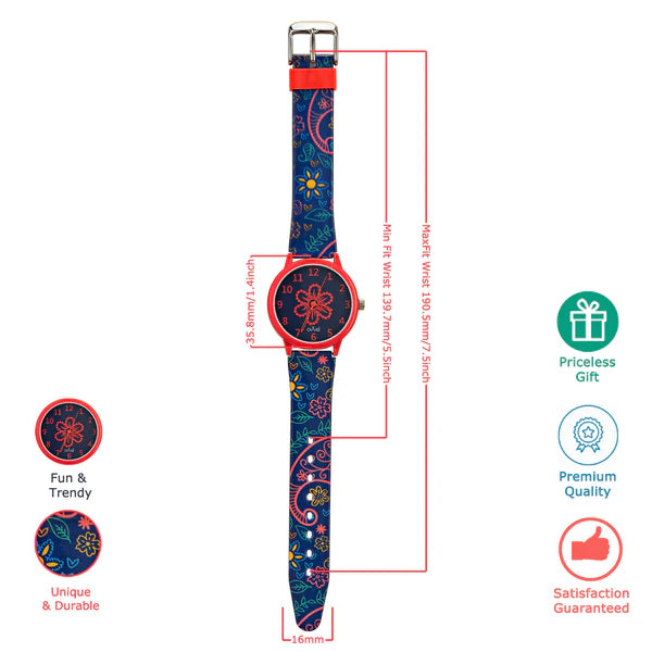 Ovvel Girls Analog Watch for kids – Navy and Red Paisley Design Strap