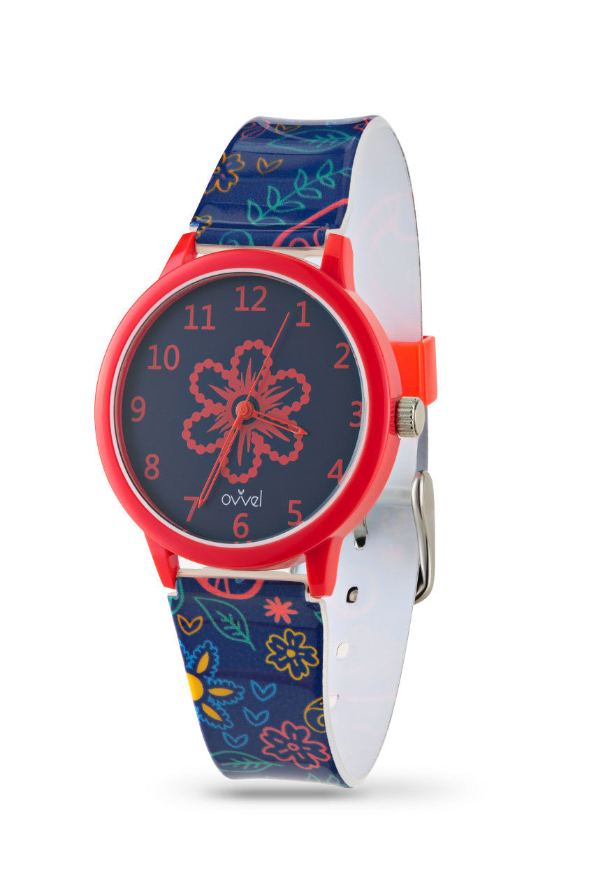 Ovvel Girls Analog Watch for kids – Navy and Red Paisley Design Strap