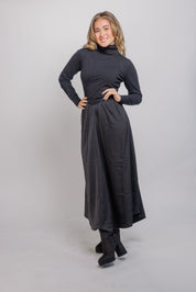 25627- TURTLENECK SWEATER DRESS WITH SATIN SKIRT