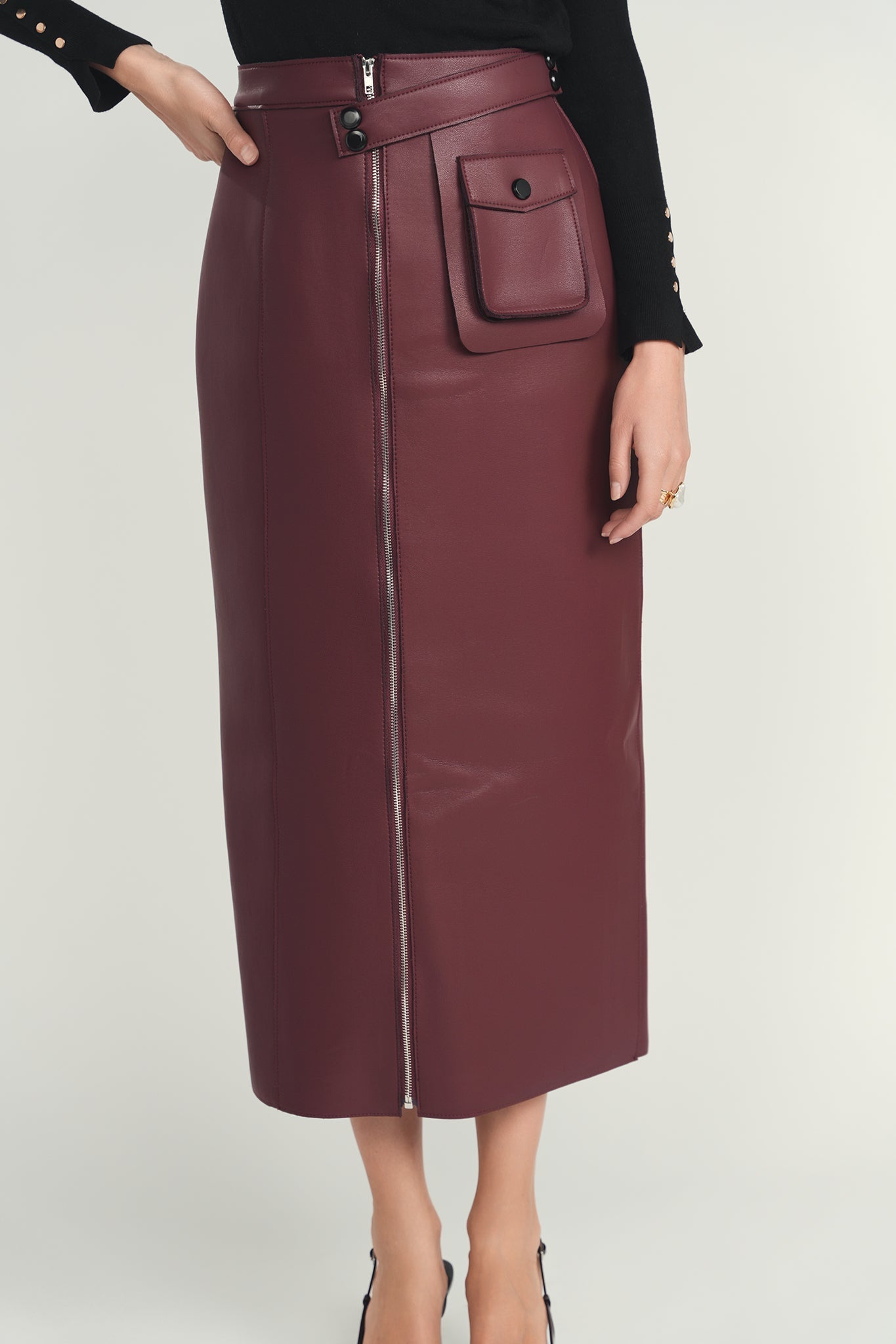 Maroon Structured Leather Skirt