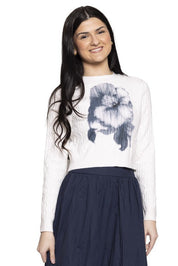 Cable Knit Sweater with Large Blue Flower