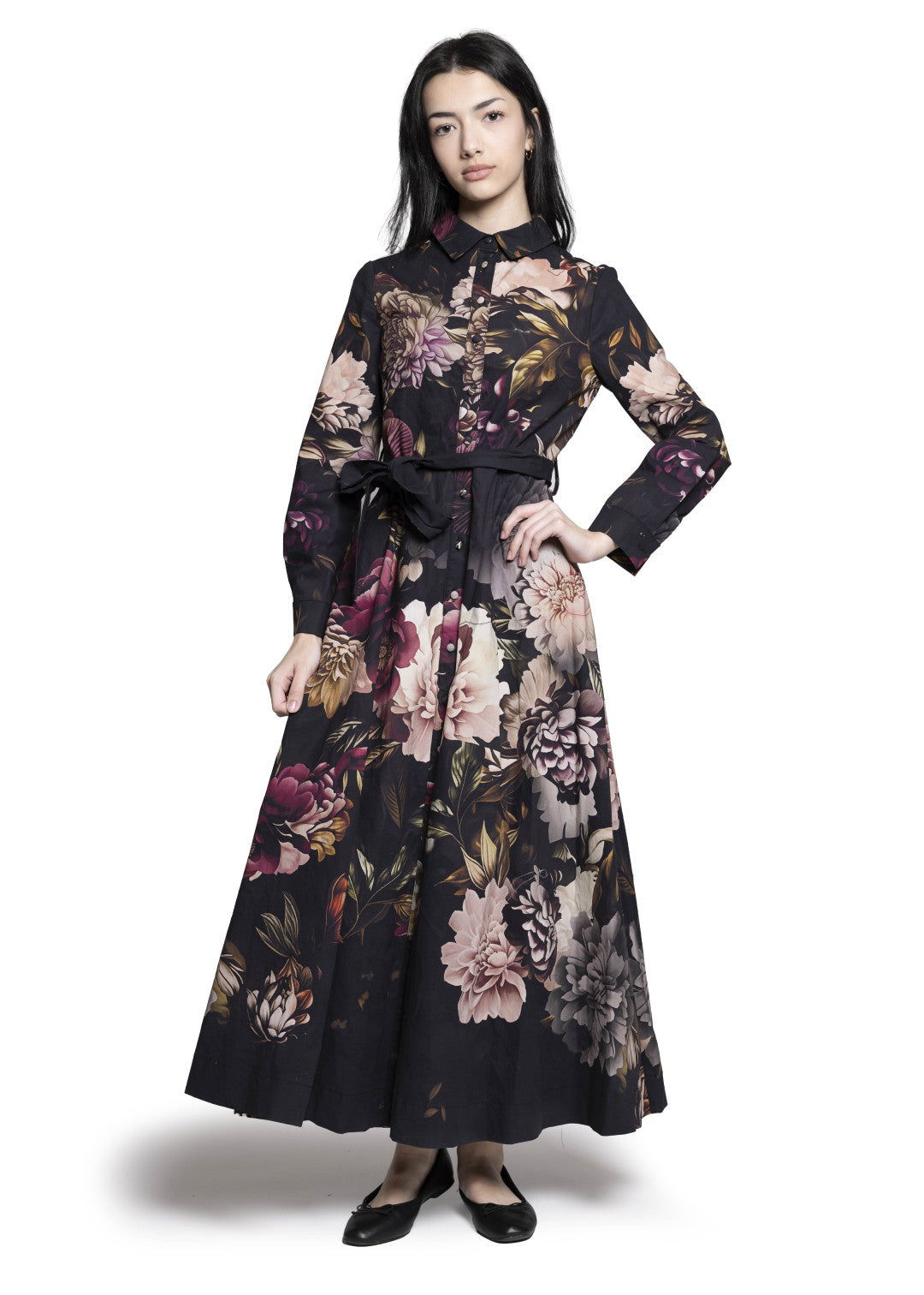 Collar and Belted, Floral Covered Button Dress