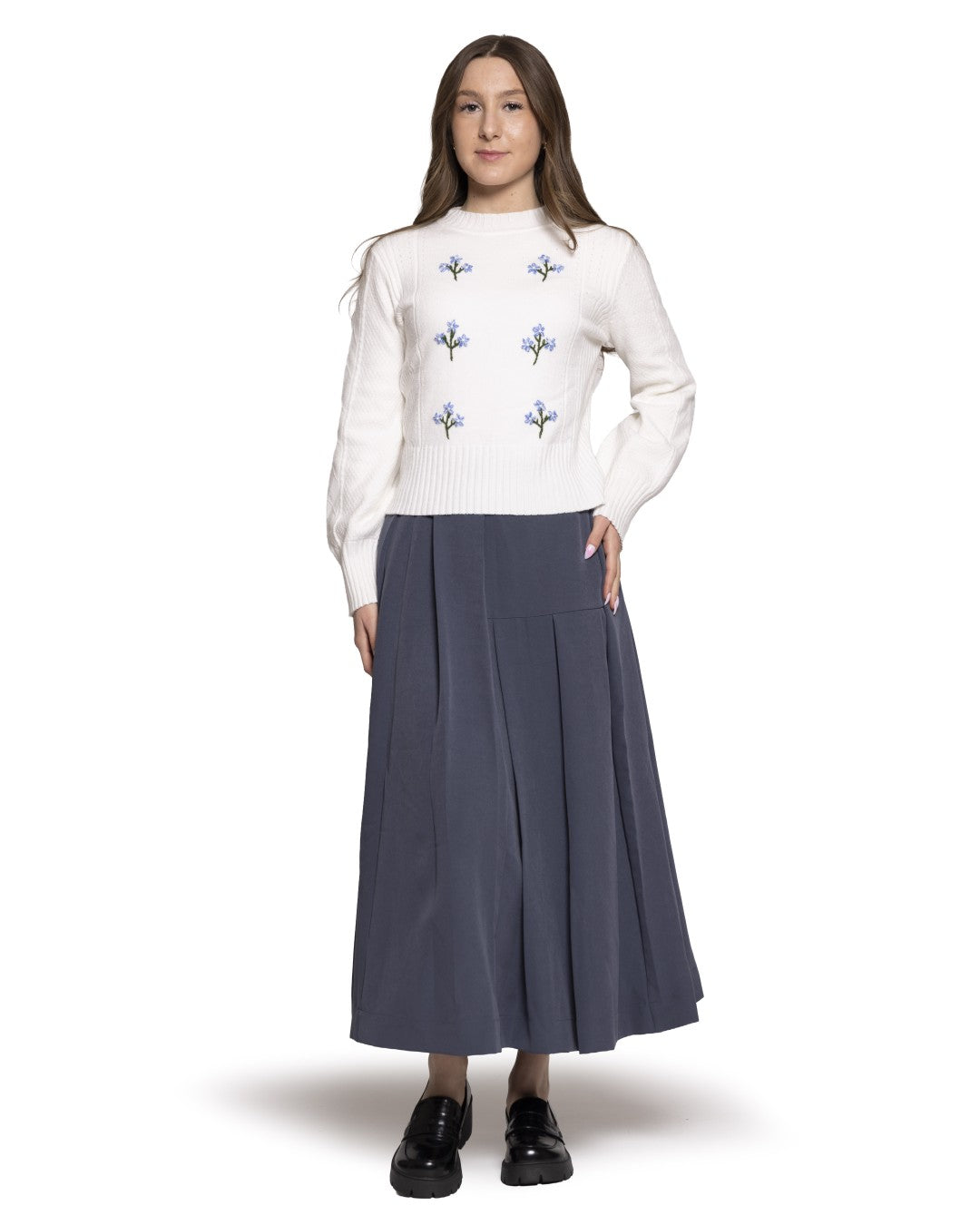 Textured Sweater with Light Blue Flowers