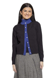 Crew Neck Button Down Cardigan with Blue Trim