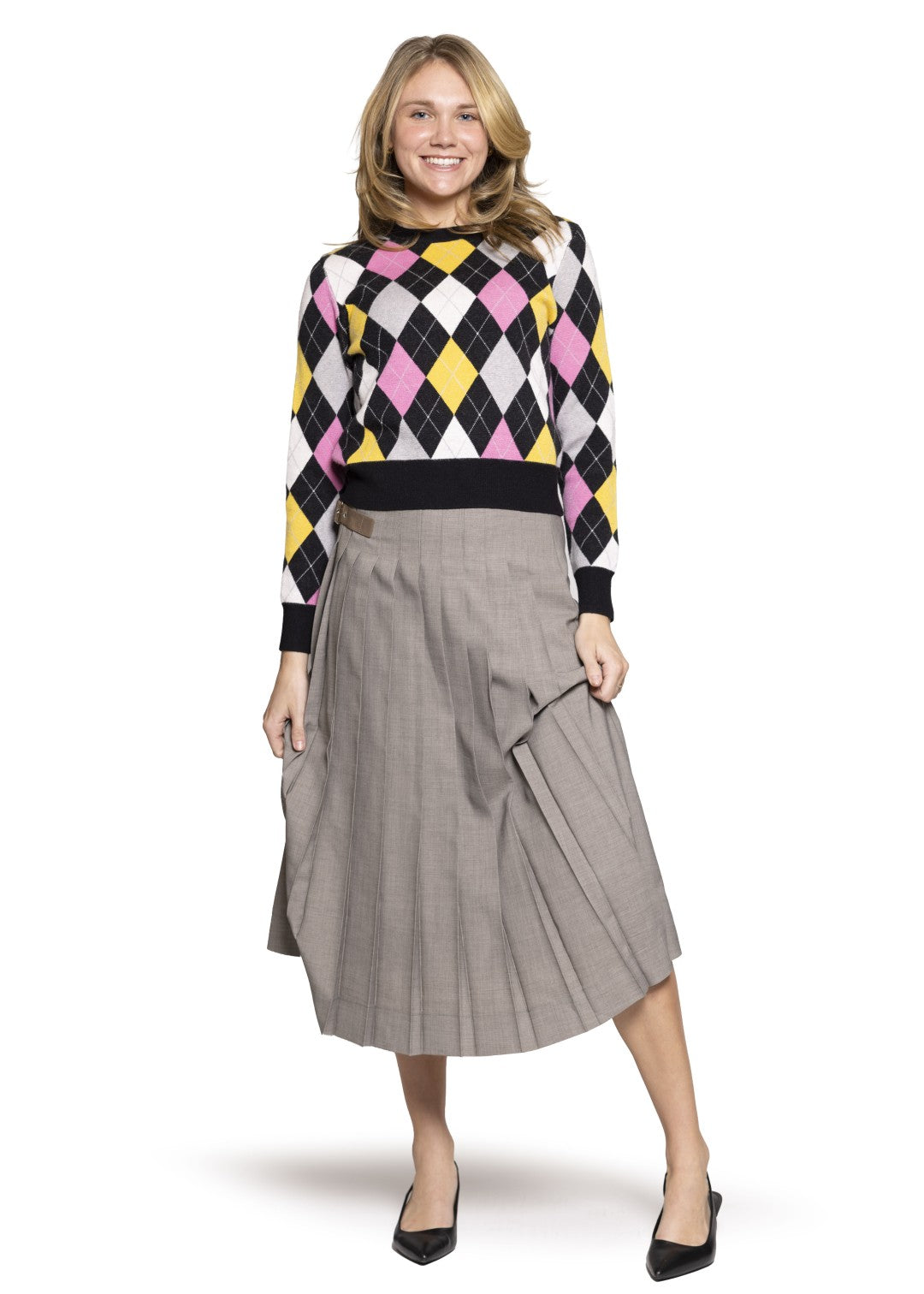 Pink, Mustard and Grey Argyle Black Sweater
