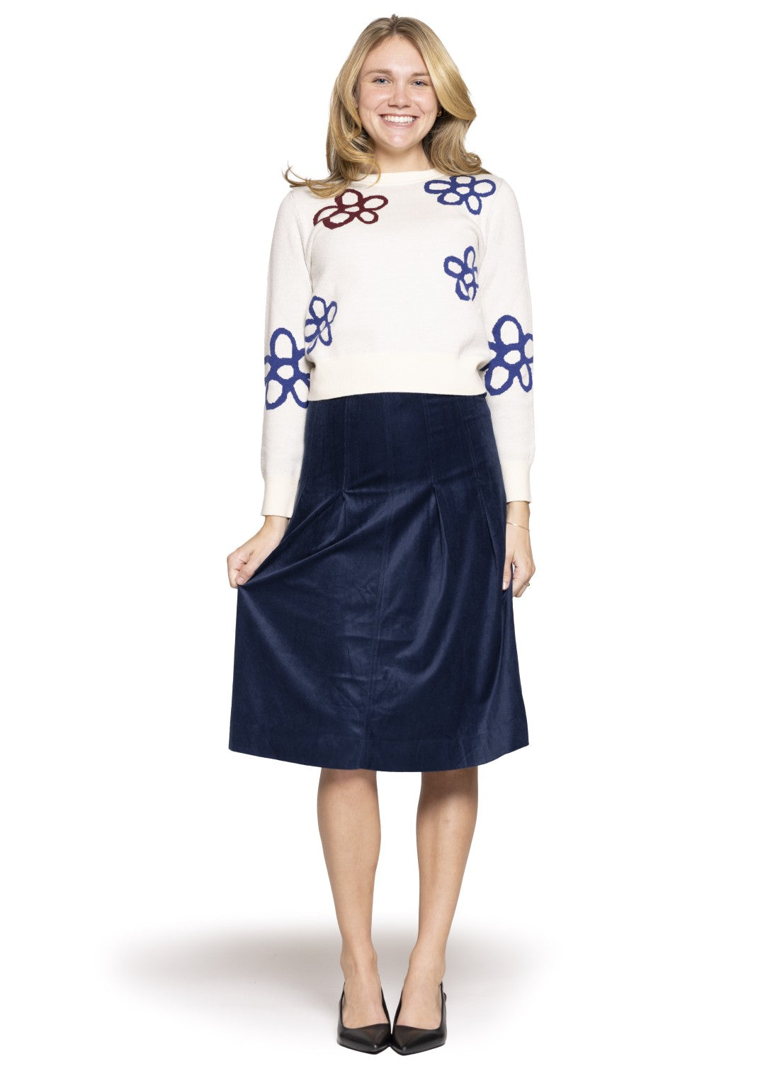 Cream Sweater Blue and Burgundy Flowers