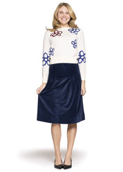 Cream Sweater Blue and Burgundy Flowers