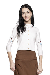 Winter White, Gold Buttons Sweater with Embroidered Flowers