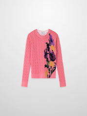 Printed Cable Sweater-Pink Flower
