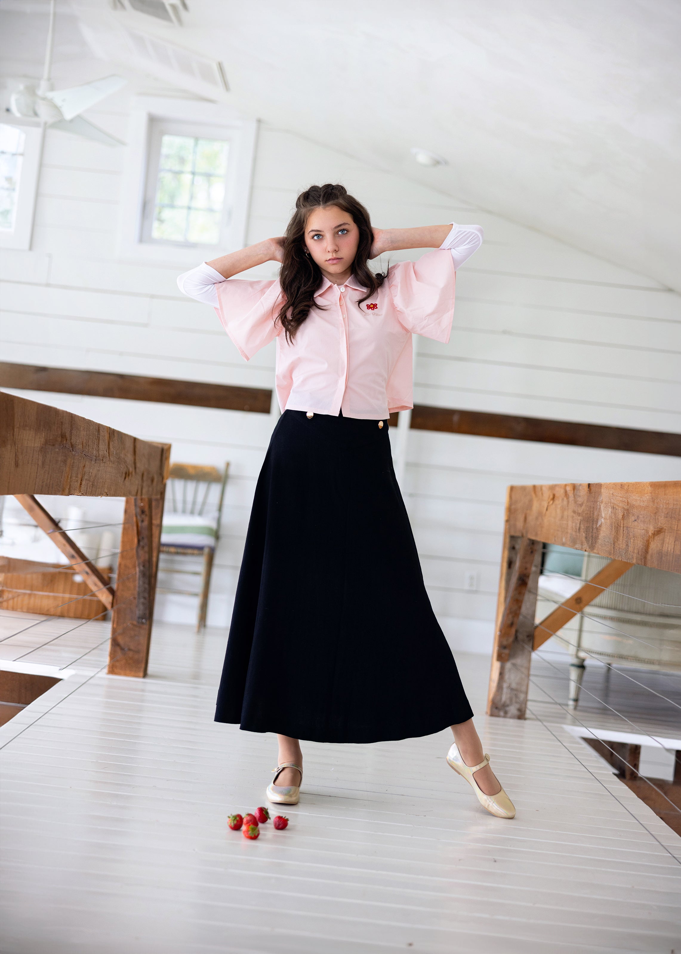 Gold Logo Button Midi Skirt