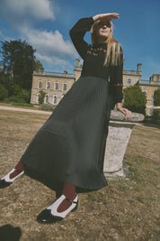 Pleated Dress with Embroidered Flowers