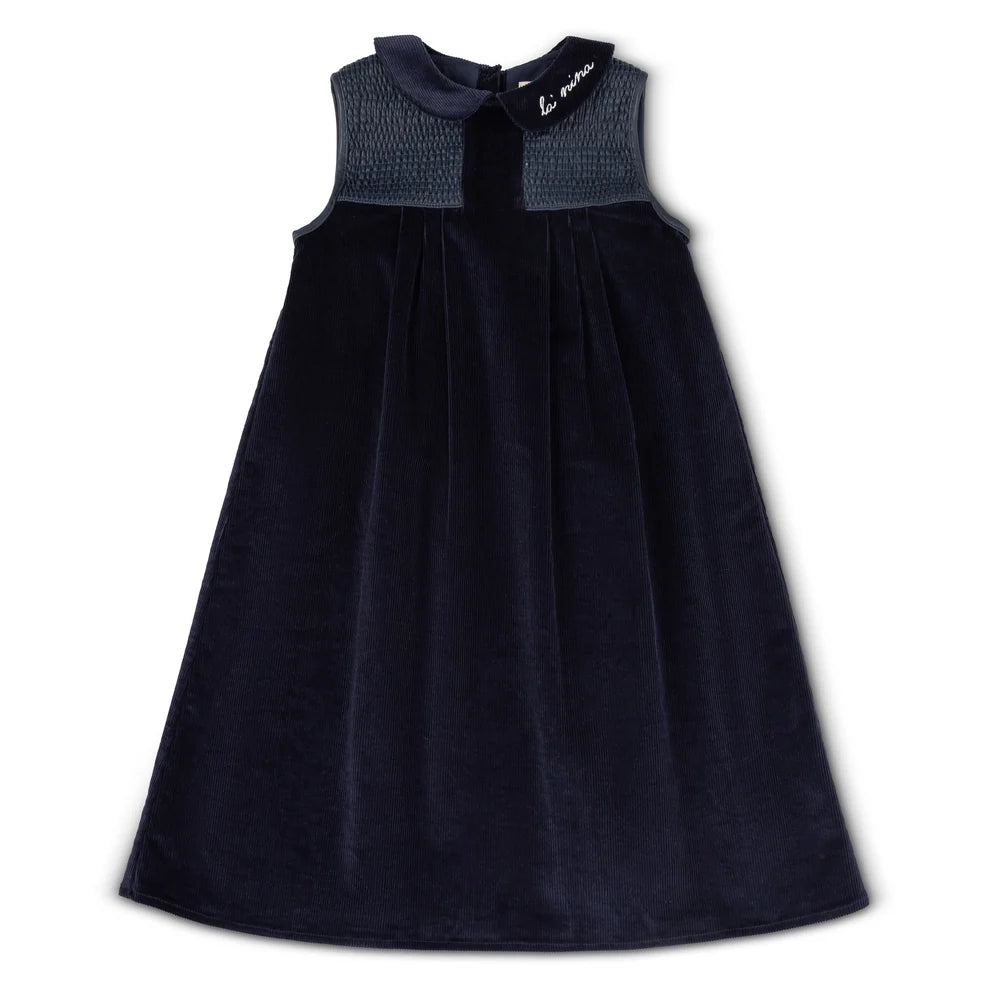 Leather Trim Navy Corduroy Dress & Logo Sweater
