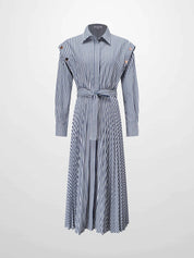 Pleat Bottom Waisted Shirtdress-Navy Pinstripe