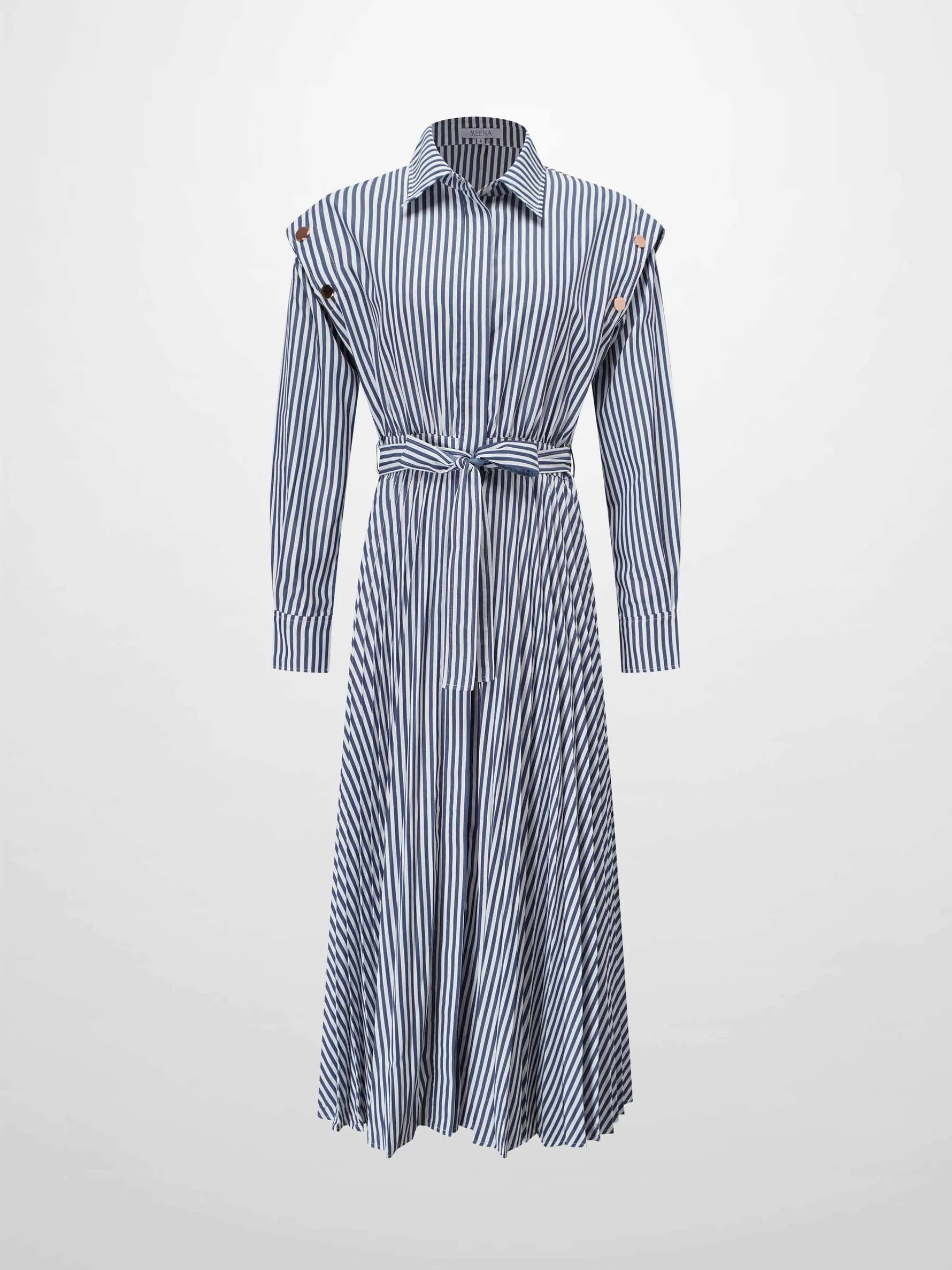Pleat Bottom Waisted Shirtdress-Navy Pinstripe