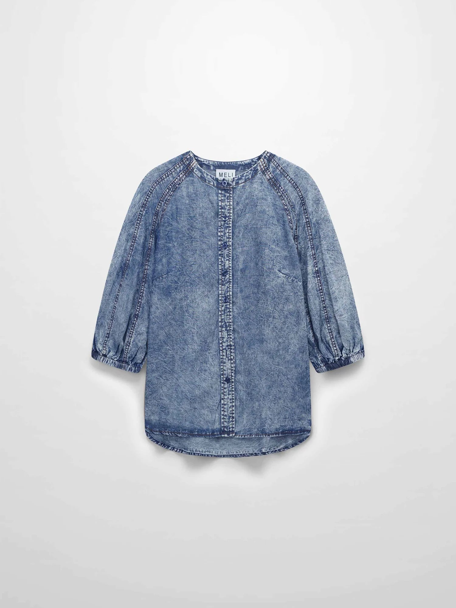 Puff Sleeve Washed Denim Blouse-BLUE