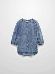 Puff Sleeve Washed Denim Blouse-BLUE