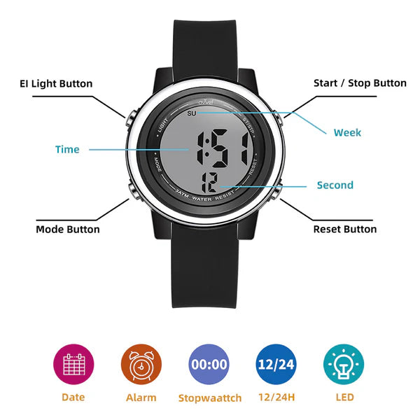 Ovvel Boys Digital Wristwatch with Many Features - Solid Black