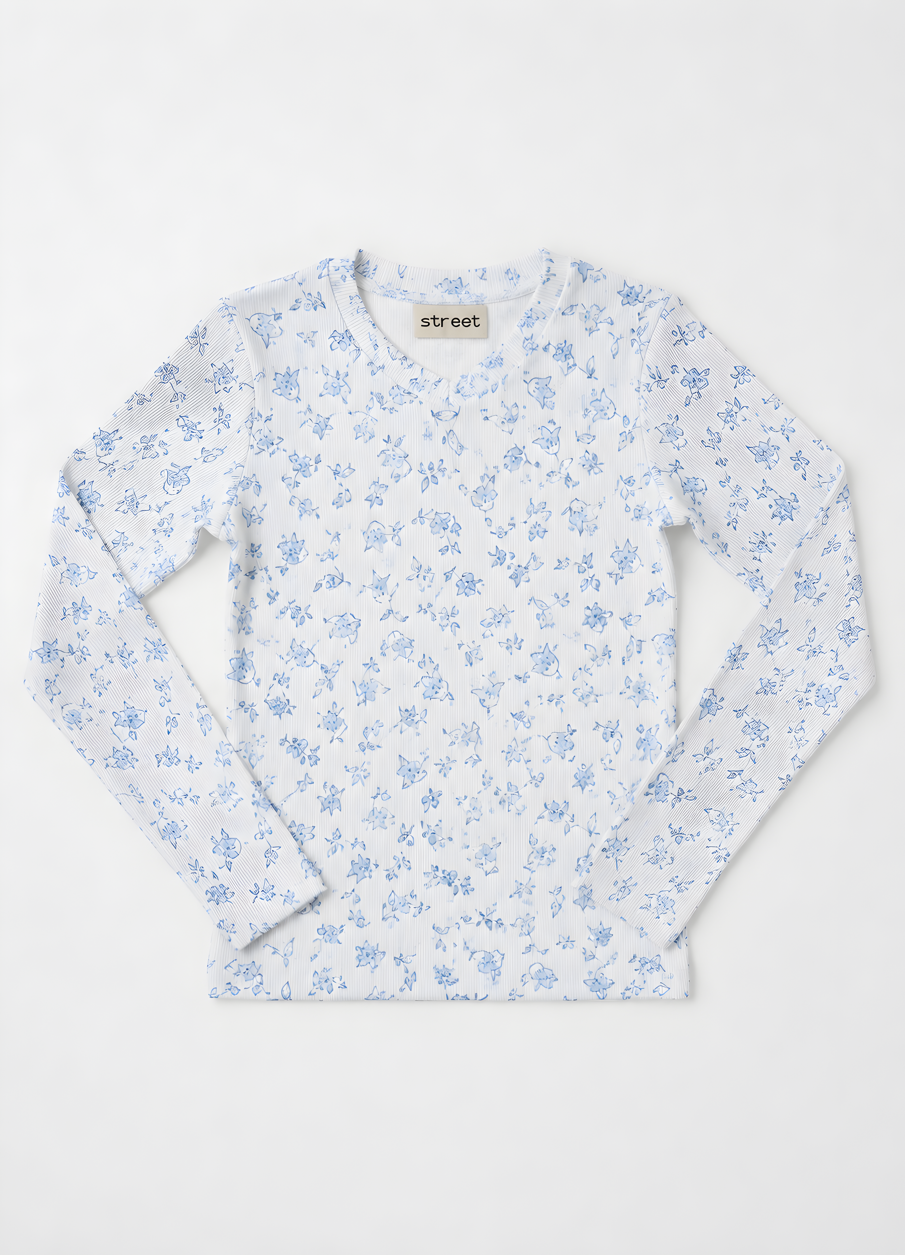 PRINTED MICRO-RIBBED TSHIRT- BLUE BLOSSOM