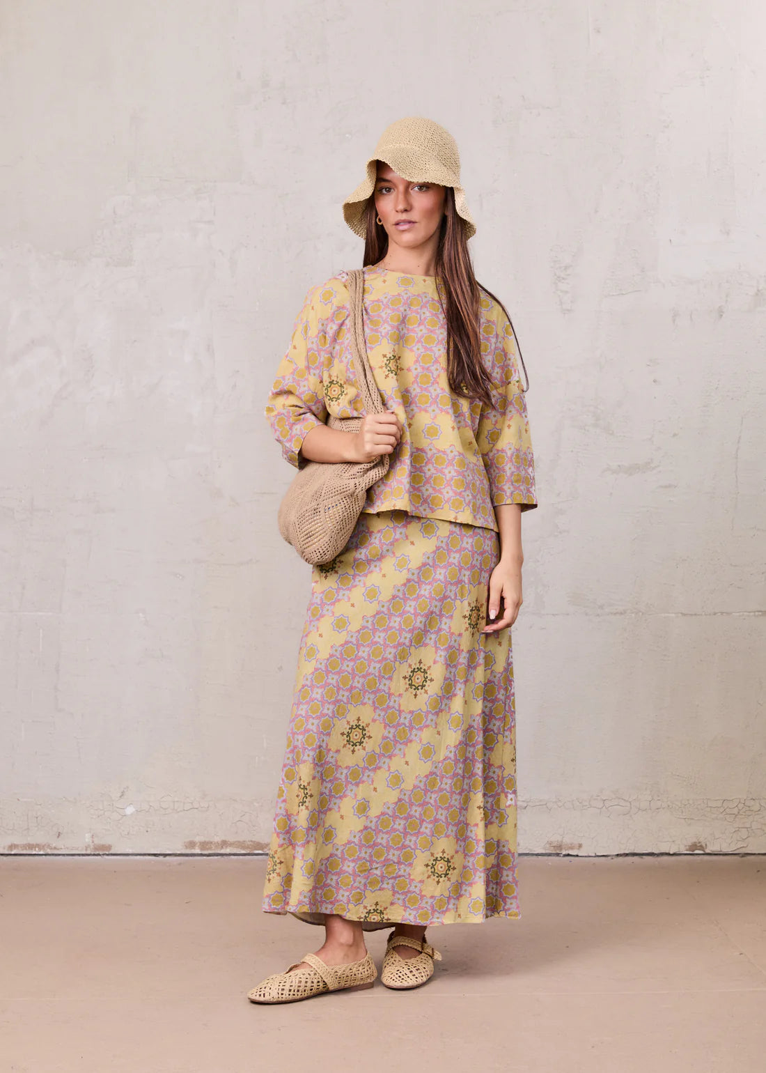 Printed Linen Blend Slip Skirt-Geometric