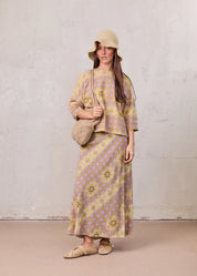 Printed Linen Blend Slip Skirt-Geometric