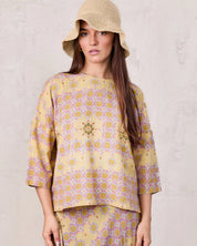 Linen Blend Crop Swing Top-Geometric