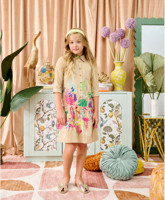 SAND W/ NEON FLORAL BUTTON DOWN DRESS 2047